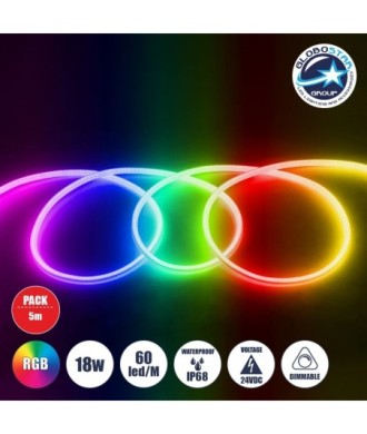 GLOBOSTAR® NEOTUBE 70588 Ταινία Neon Flex LED 18W-m 900lm-m 360° DC 24V Αδιάβροχο IP65 60 x SMD5050 Chip-m Πολύχρωμο RGB Dimmable - Sanan SMD Chip - Μ500 x Π2.1 x Υ2.1cm - Ρολό 5 Μέτρων - 3 Χρόνια Εγγύηση